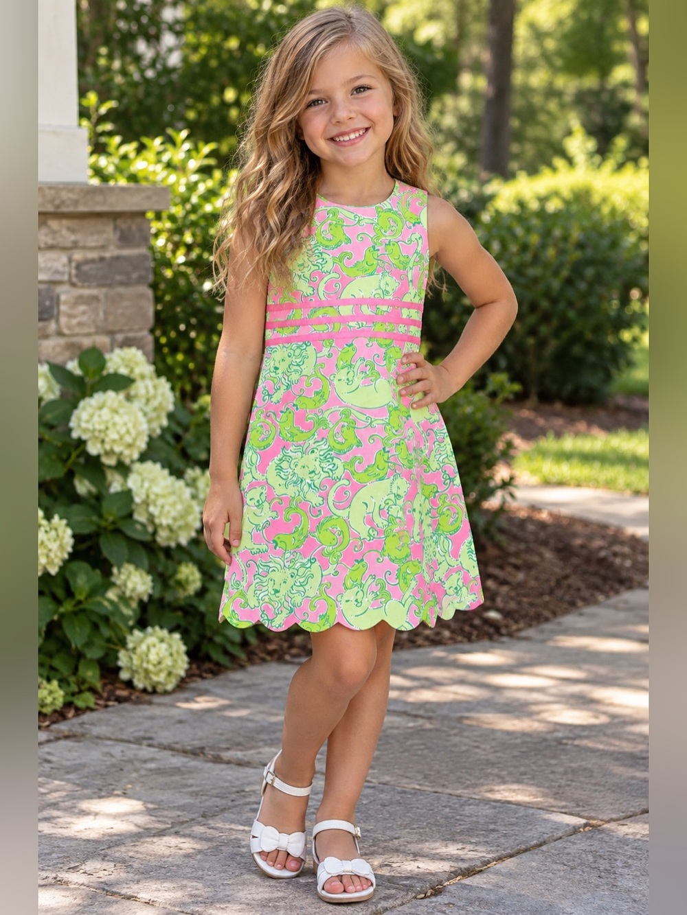 Lilly Pulitzer Girls 6X Pink Green Animal Print Shift Dress Scalloped Hem